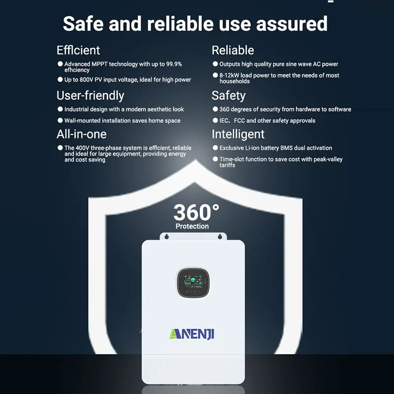 ANENJI 12KW 하이브리드 태양광 인버터, 병렬 3상 230/400VAC PV 800VDC 최대 출력, 내장형 듀얼 MPPT 260A 태양광 충전 컨트롤러