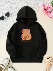 Capybara Boba Tea Cute Cartoon Animal Graphic Children's Autumn Hoodie Sweater - 130 (WY01 - JCS - BL)