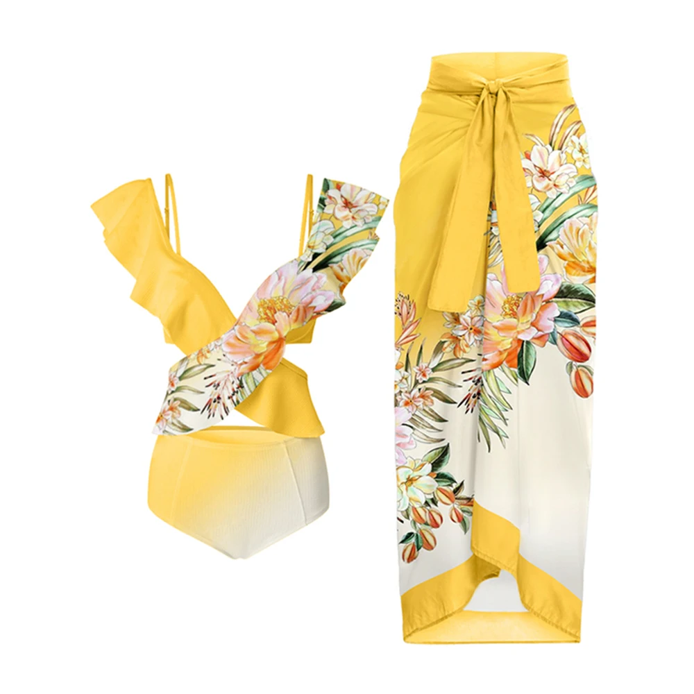 

Fashion Vintage Gradient Floral Print Ruffled One Piece Women's Fitness Suit Yellow Swimsuit Set Swimwear For Girls Patchwork