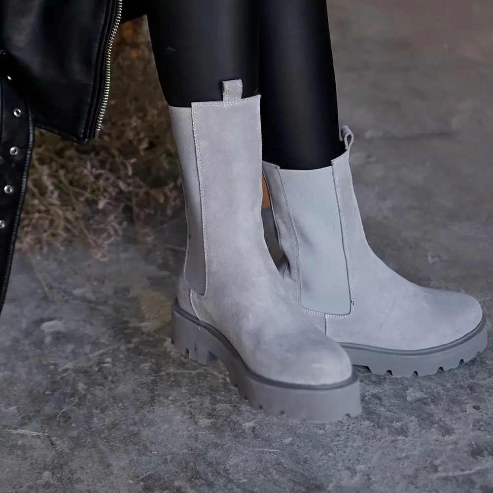 Sies Innerlijke Warme Voering Buitenste Lederen Dikke Platform Platte Zool  Vrouwen Laarzen Poshnmore Beige Honing Zwart Grijs Zand Winter S