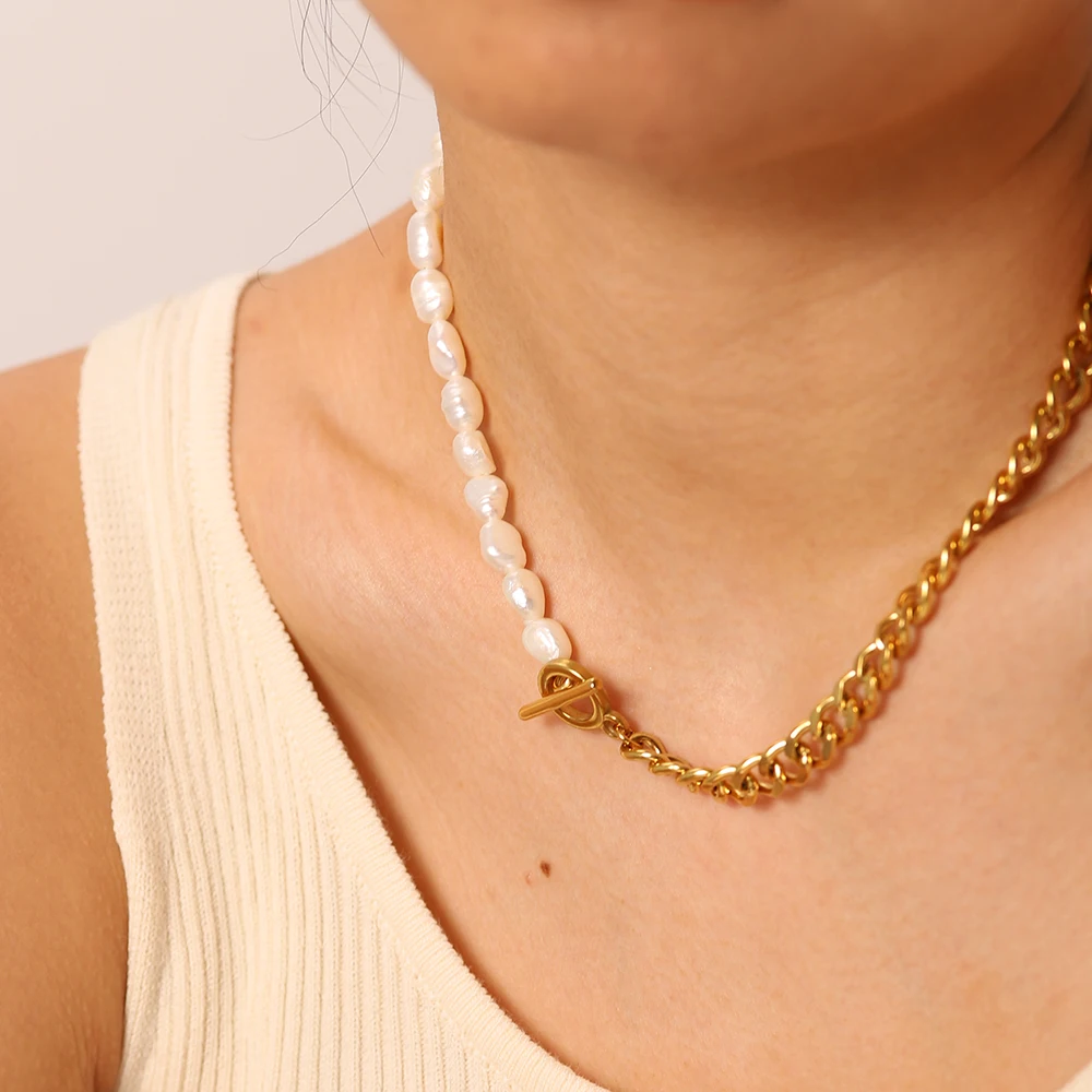 Half Pearl Half Gold Choker Necklace, Trendy 14K Gold Link Chain and Pearl  Choker, Dainty Pearl Necklace, Minimalist Two Chains Necklace - Etsy