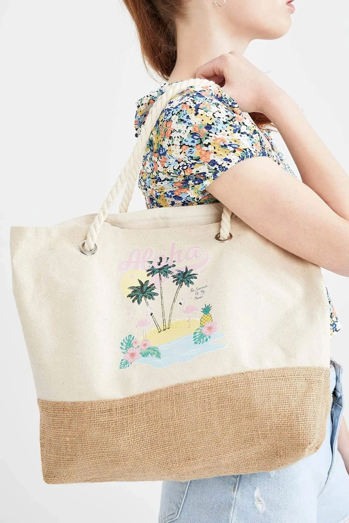 

Women's Palm Flamingo Patterned Straw Tote Beach Bag