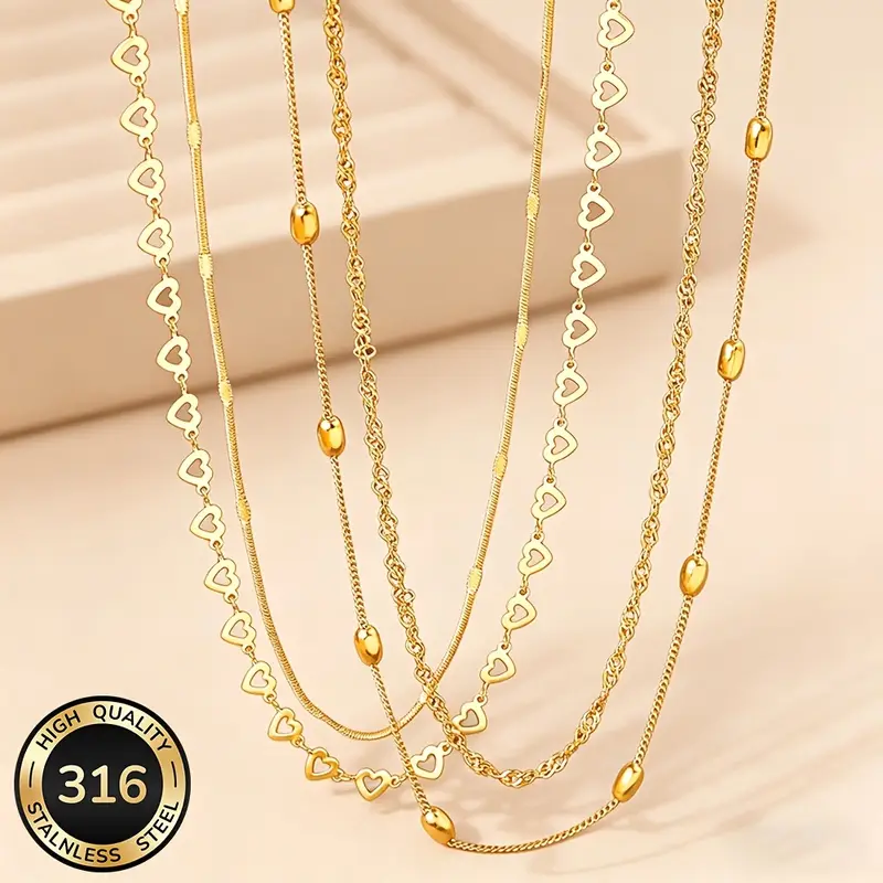 4Pcs High-Quality 18K Gold-Plated Adjustable Fashionable Stainless Steel Necklace Set – Stylish, Lightweight, Suitable for Street Wear, Travel, Outdoor Activities, and Parties, Is the Perfect Jewelry Gift for Holidays and Graduation Season, Versatile Women's Fashion Necklace - Image 2