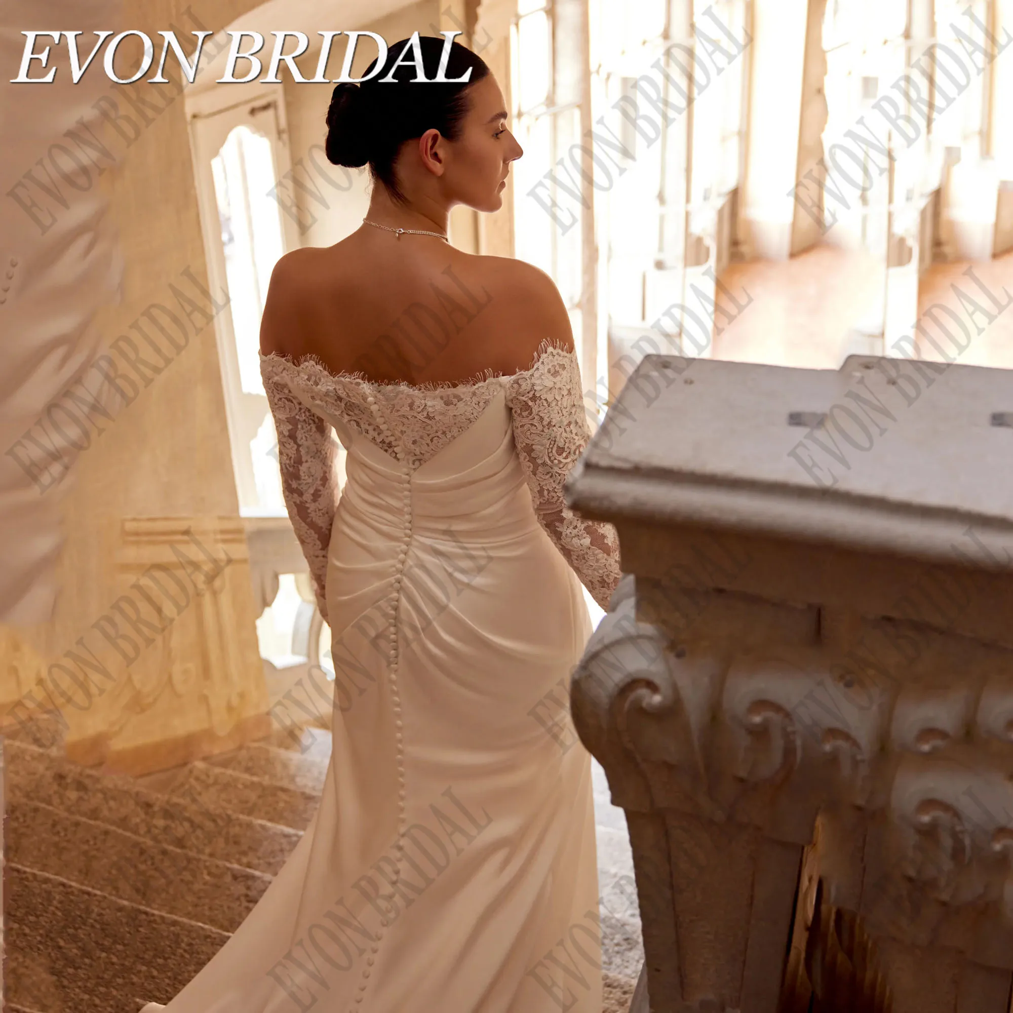 EVON BRIDAL 맞춤형 레이스 긴팔 스트랩리스 웨딩 원피스 플러스 사이즈, 인어 새틴, 모던 스플릿 신부 가운EVON BRIDAL 맞춤 레이스 긴소매 민소매 끈 커트 사이즈 여성용 인어단면 현대분체식 신