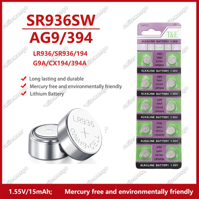 New 10PCS AG9 394 LR936 394A L936F SR936SW 1.55V Lithium Batteries Button  Battery for Watch Toys