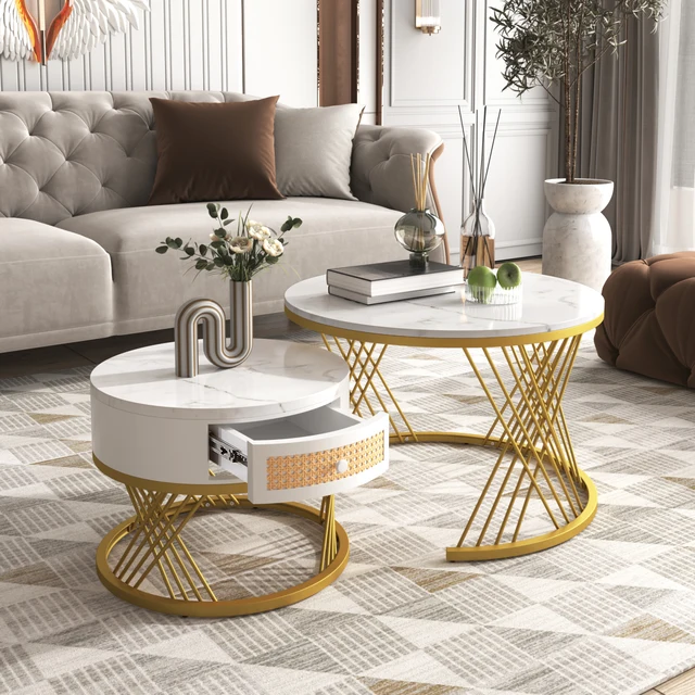 Rosahqnda Table basse ronde 2 en 1 MDF avec plateau en marbre et tiroirs en plastique 1
