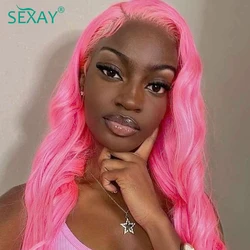 Sexay Rose Pink Colored Bundles With Closure Peruvian Body Wave Human Hair Weave Bundles With HD Transparent 13x4 Lace Frontal