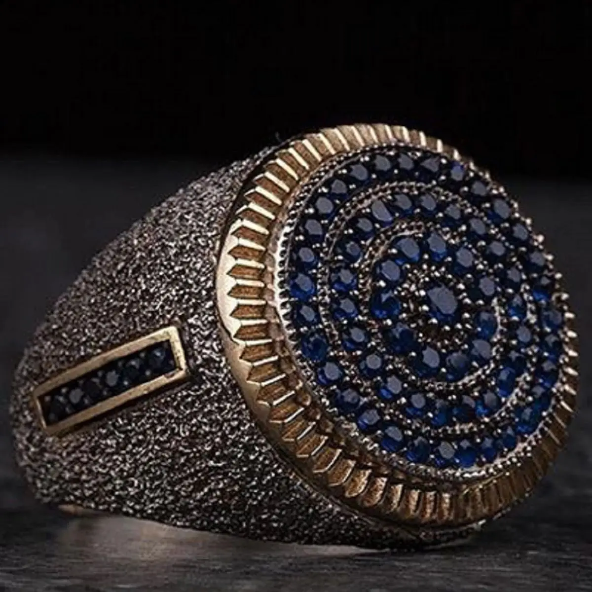 Ottoman Textured Blue Our Silver Unisex Oval Ring In Model With Sandblasting Black Texture Applied It is Decorated With Stones automatic model intelligent can sealing machines to seal easy ring pull cans with lid