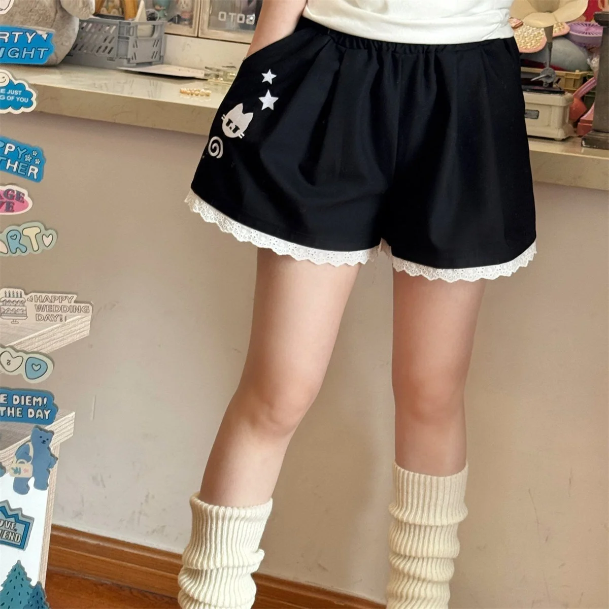 2026 Women Cute Shorts Ventilate Thin Version Kawaii Loose Casual Cutecore Bottoms Fashion Elastic Waist Summer Wide Leg Shorts 1