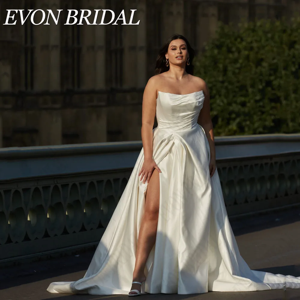 

EVON BRIDAL Classic Wedding Gowns Plus Size Satin A-Line Side Split Strapless Vestidos Novias Boda Bride Gowns Custom Made