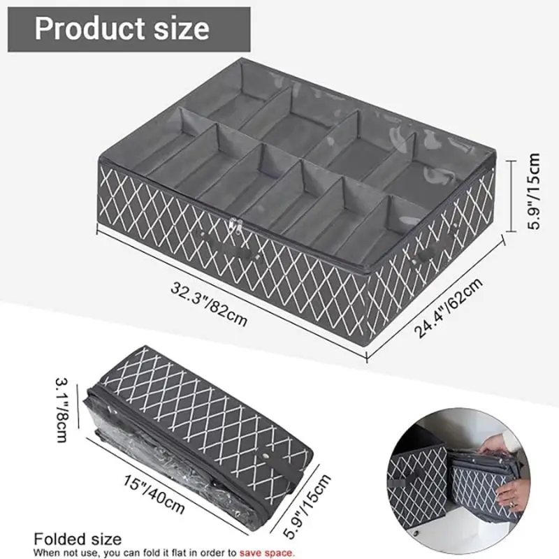 Under Bed Shoe Storage Organizer Adjustable Dividers, Reinforced Handle, Underbed Storage Solution with Clear Window, Breathable