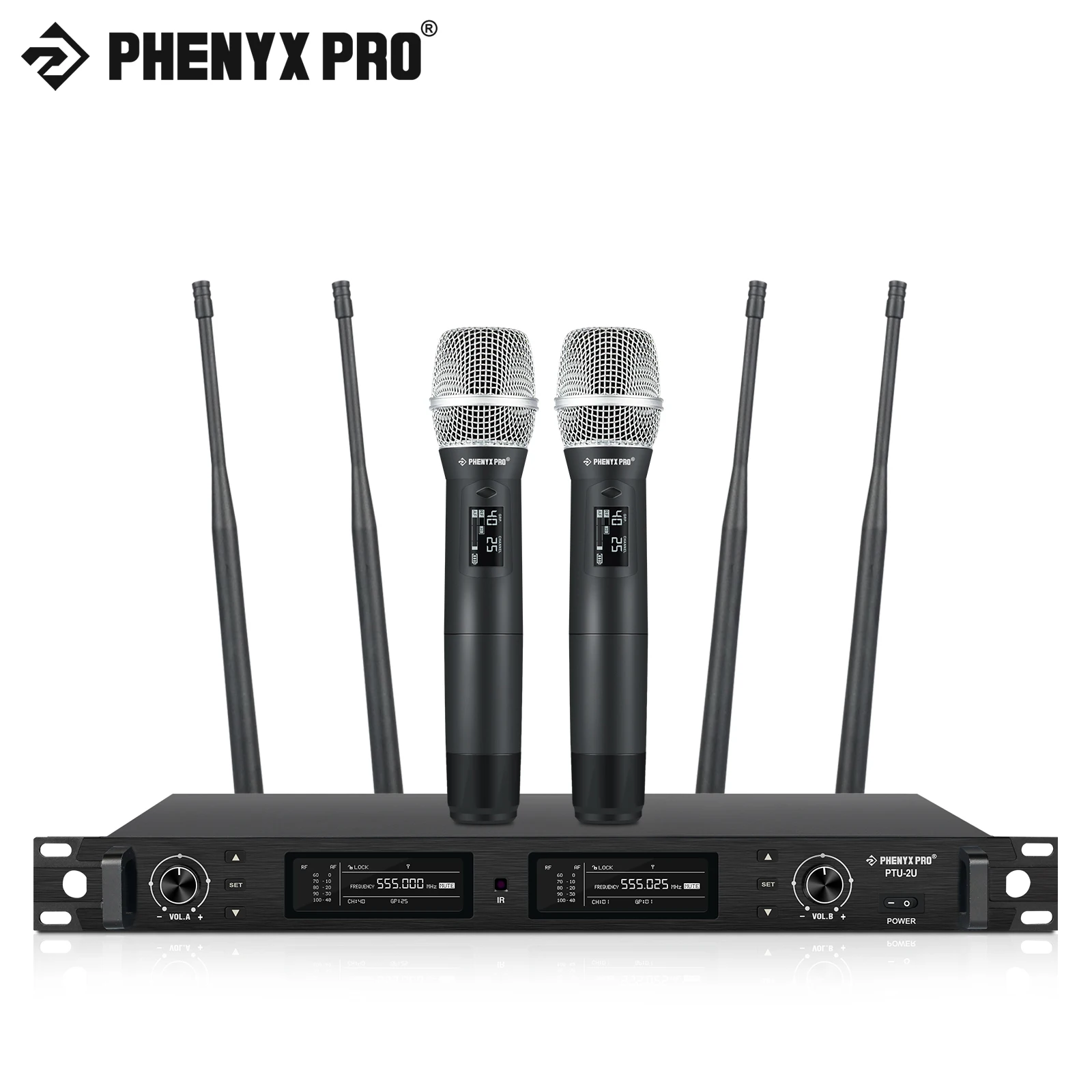 

Wireless Microphone System Phenyx Pro True Diversity Dual Cordless Microphone Set 2x1000 Channels, 328ft for Stage (PTU-2U)