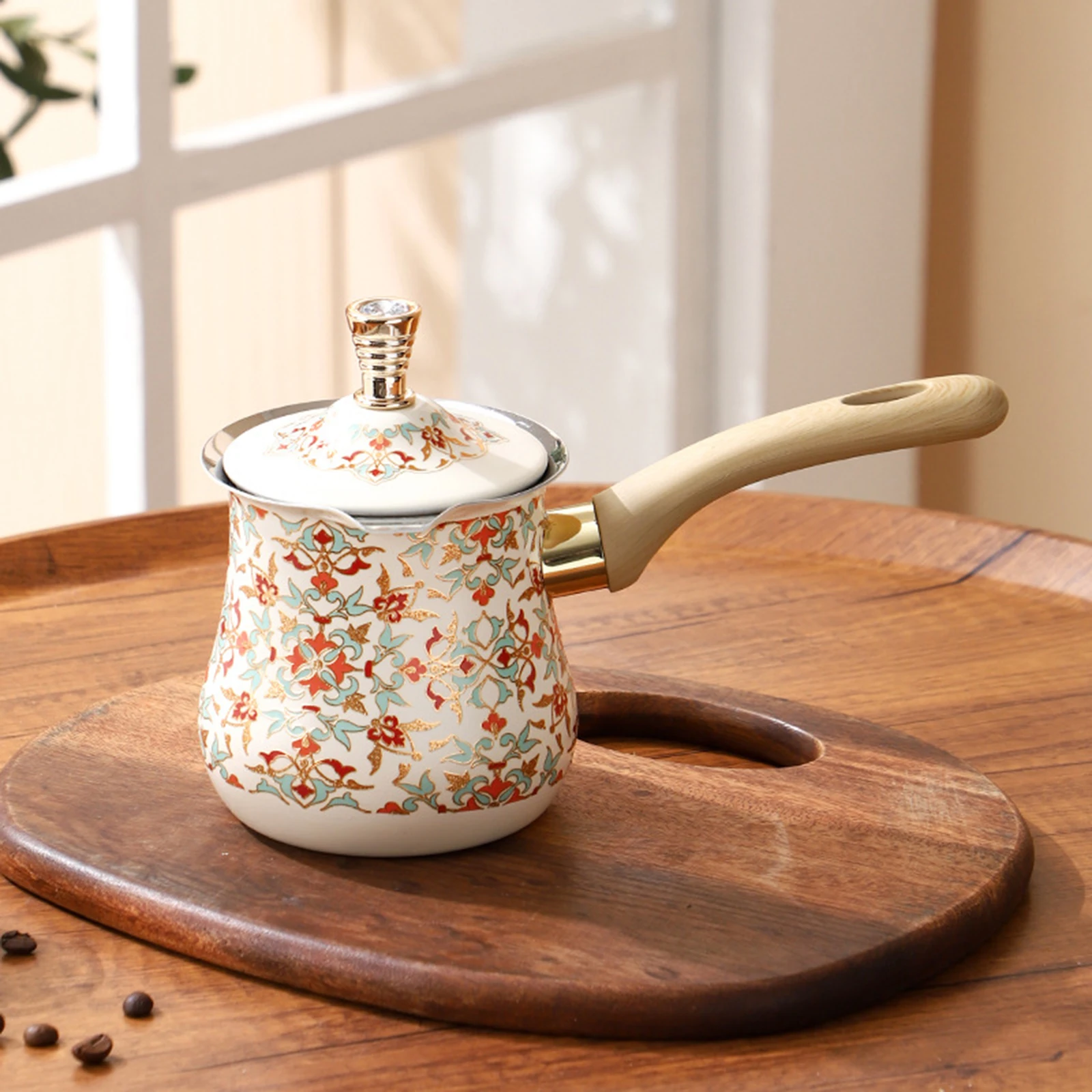 Turkish Coffee Pot With Long Wooden With Lid Arabic Heavy Duty 550/720Ml