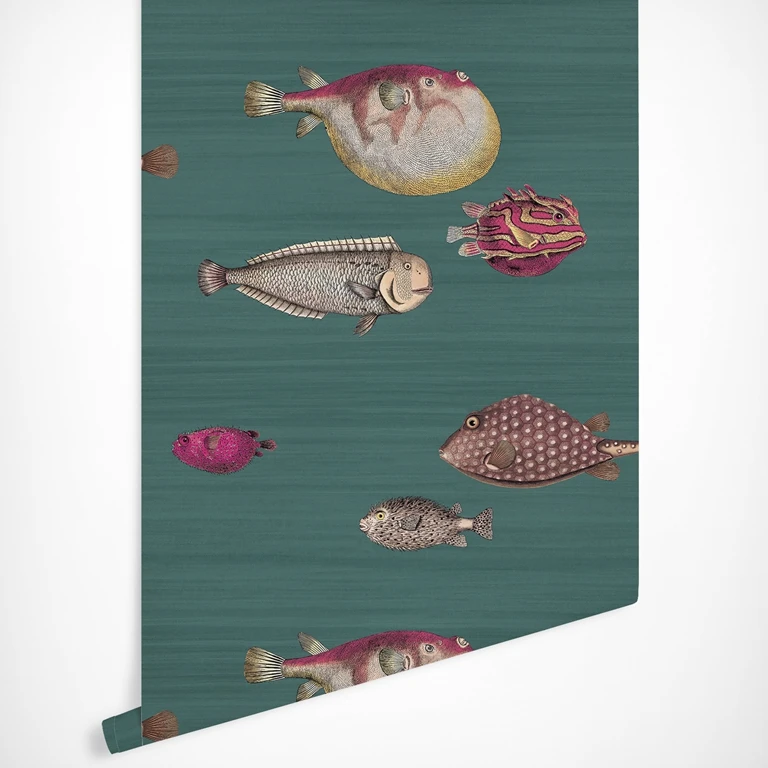 Description Picture 3 of itemAcquario Wallpaper nordic wallpaper Dark Green Back sea fishes in scandinavian style