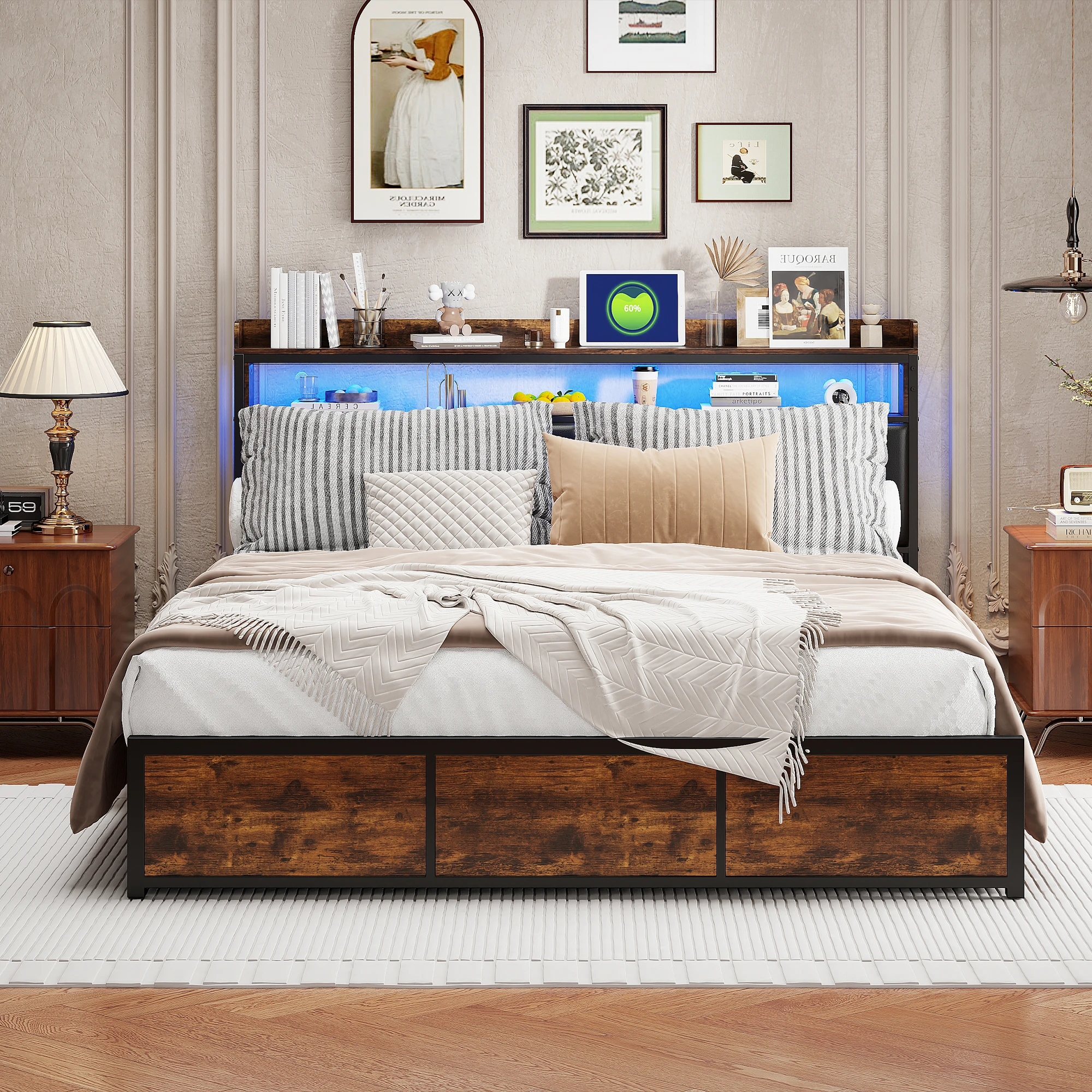 Comanlai Iron-wood Bed, with PU Backrest and LED Lighting, Drawer Bed, with 4 Iron Storage Compartments and Metal Slatted Frames