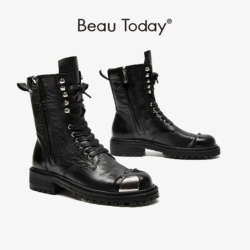 BeauToday-발목 부츠 수제 오토바이 장화 여성용, 말 피부, 크로스 묶인 라운드 발가락, 메탈 디자인, 레트로, 02319
