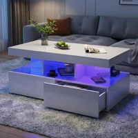Table basse rectangulaire à deux tiroirs, haute brillance, éclairage LED, style européen, multifonctionnelle, pour salon, blanche 8