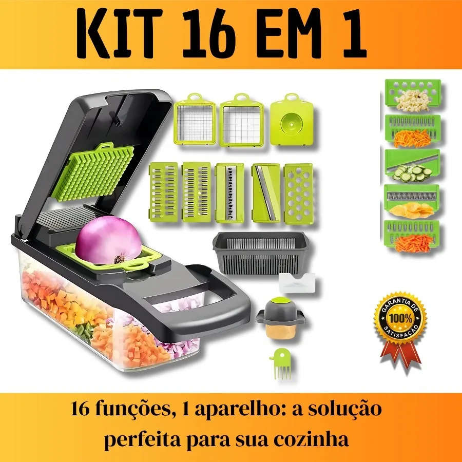 Fatiador de Cozinha Profissional Multifuncional 16 em 1, Cortador e Ralador de Legumes, Verduras, Frutas e Alimentos