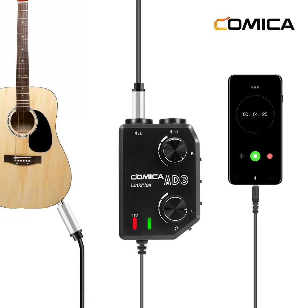 Comica LINKFLEX AD3 2-Channel Microphone Audio Mixer Preamp with Phantom Power, Guitar Audio Interface Microphone for Camera