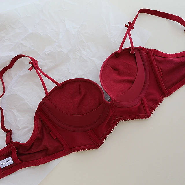 High-grade Retro Wine Red Underwear Set Satin Top Thin Bottom Thick Small  Chest Gathered Adjustable Bra Girls Lingerie - Bra & Brief Sets - AliExpress