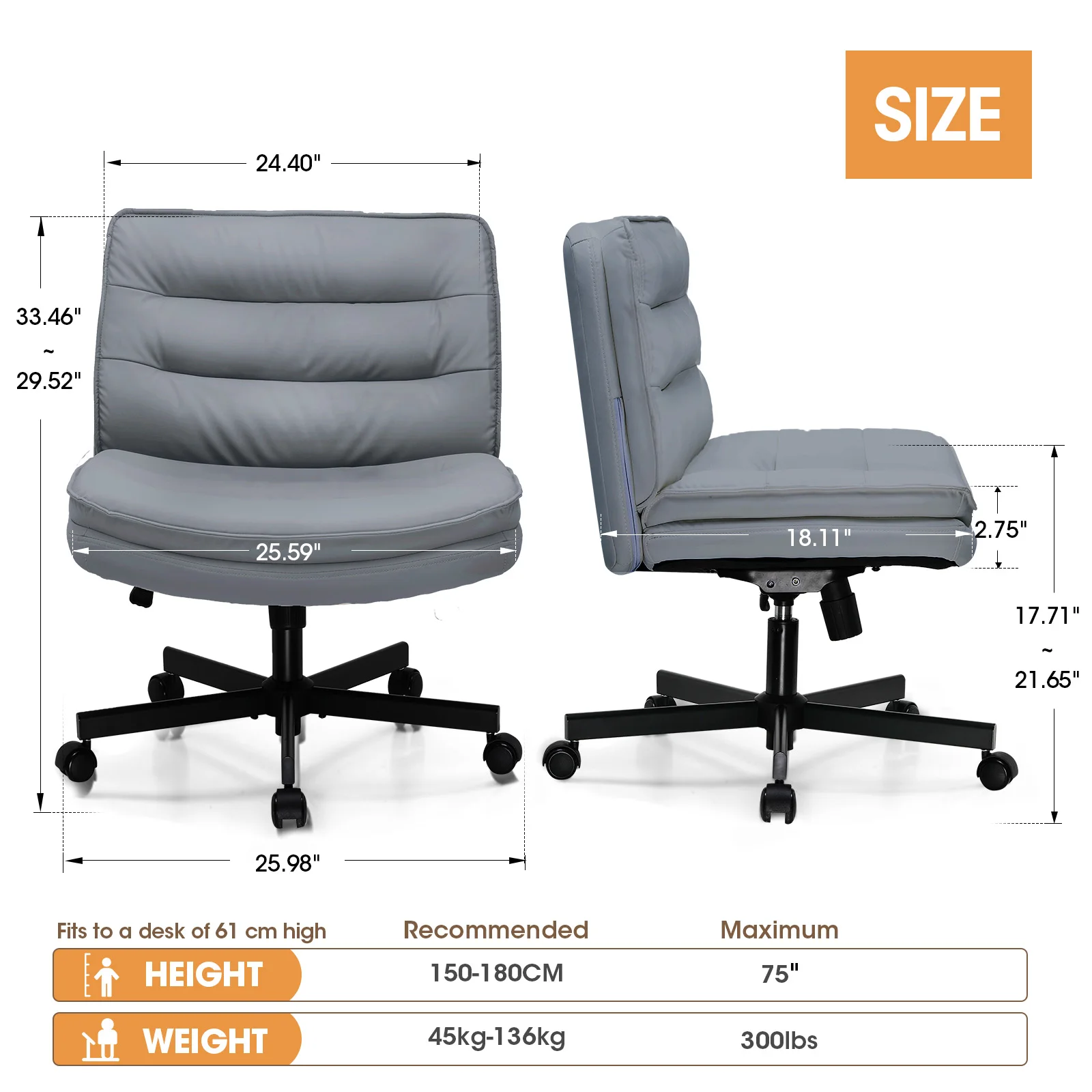 Criss Cross Chair with Wheels, PU Office Chair with Large Seat, Back Support & Adjustable Height for Home Use 2
