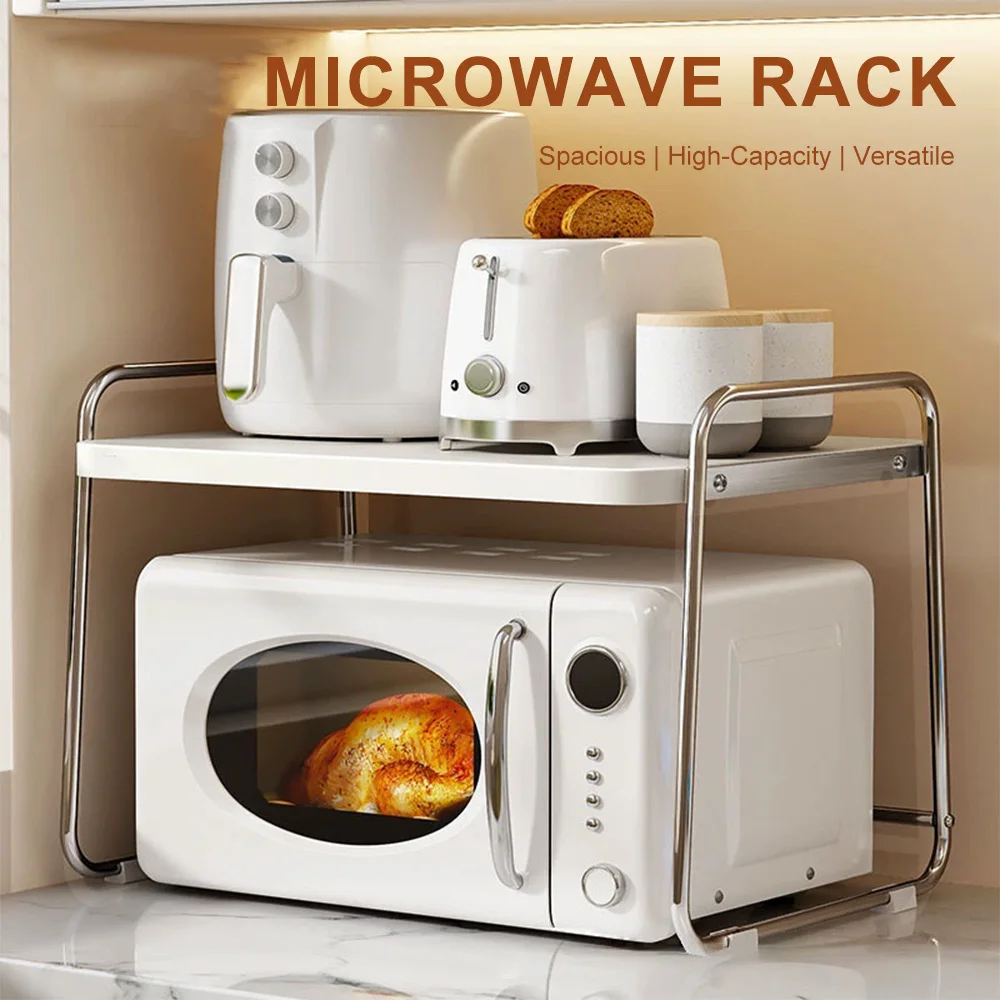 2-Tier Microwave Rack Countertop Storage Shelf Rustproof Metal Space-Saving Organizer for Spice Oven Rice Cooker Coffee Machine Home Kitchen