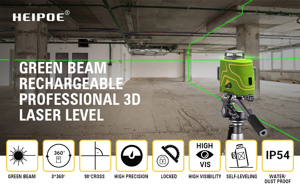 Heipoe 12 lines Green beam Self-leveling Vertical & Horizontal Laser Level with