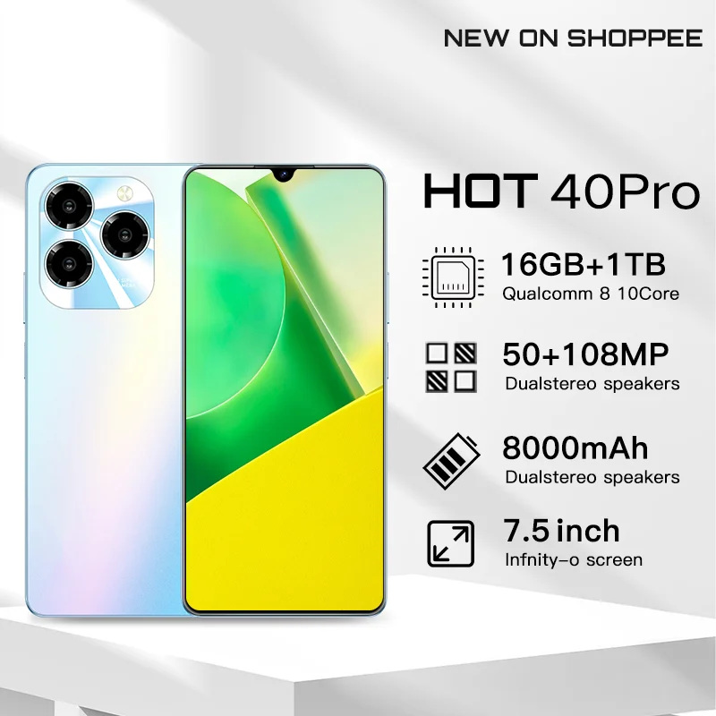 

HOT 40 Pro smartphone 7.5 HD Android Mobile Phone Unlocked 4G/5G Dual Sim Card 8000mAh 16GB+1TB Cellphone 50MP+108MP Celulares