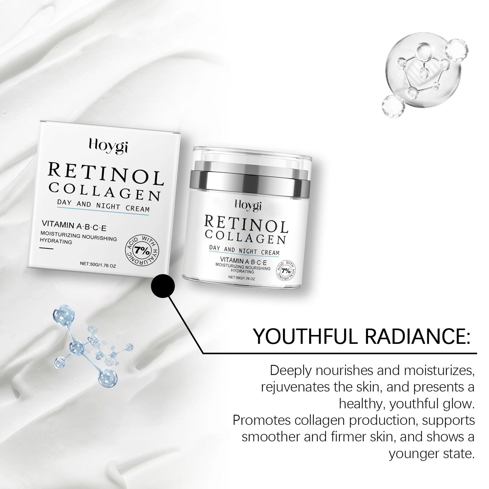 Hoygi Retinol Face Cream Moisturizing Enhance Smoothness Relief Dryness Glowing Improve Skin Elasticity Day and Night Face Cream