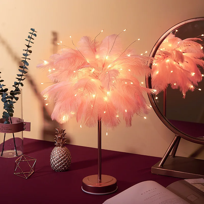 

Feather Table Lamp Ins Girl Heart Bedside Lamp Modern Wedding Decoration Lighting Home Decorative LED Night Light
