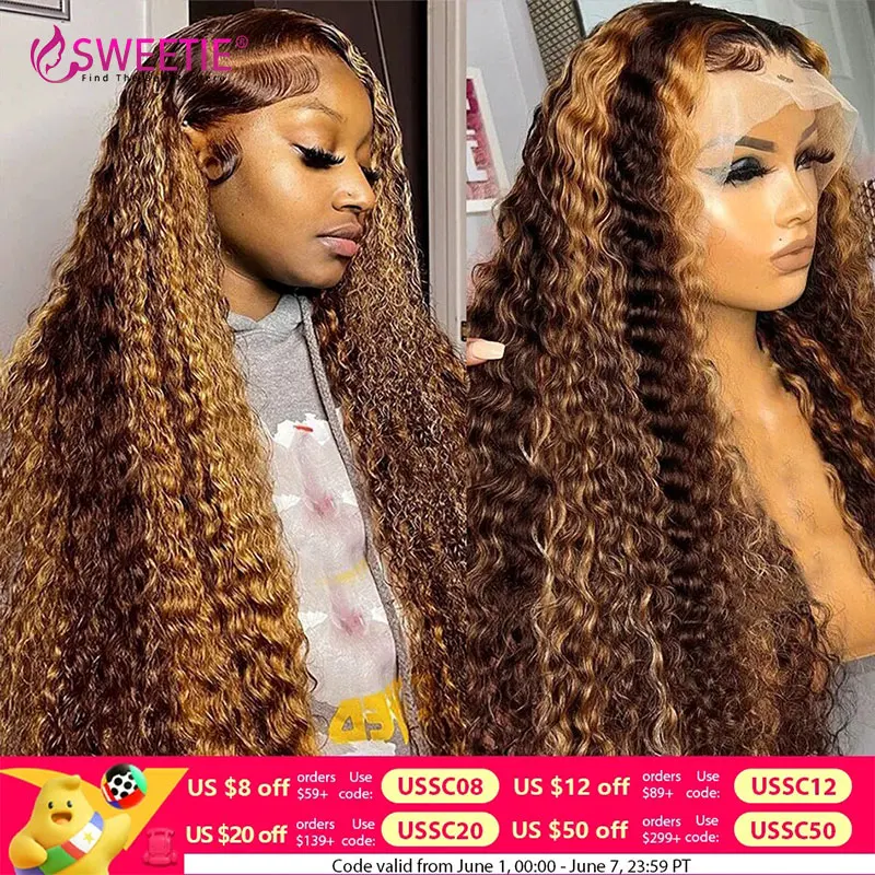 

4/27 Highlight Water Wave Human Hair Wig 13x6 Lace Frontal Human Hair Wig For Women Curly Wig Transparent Lace Front Wig 180%