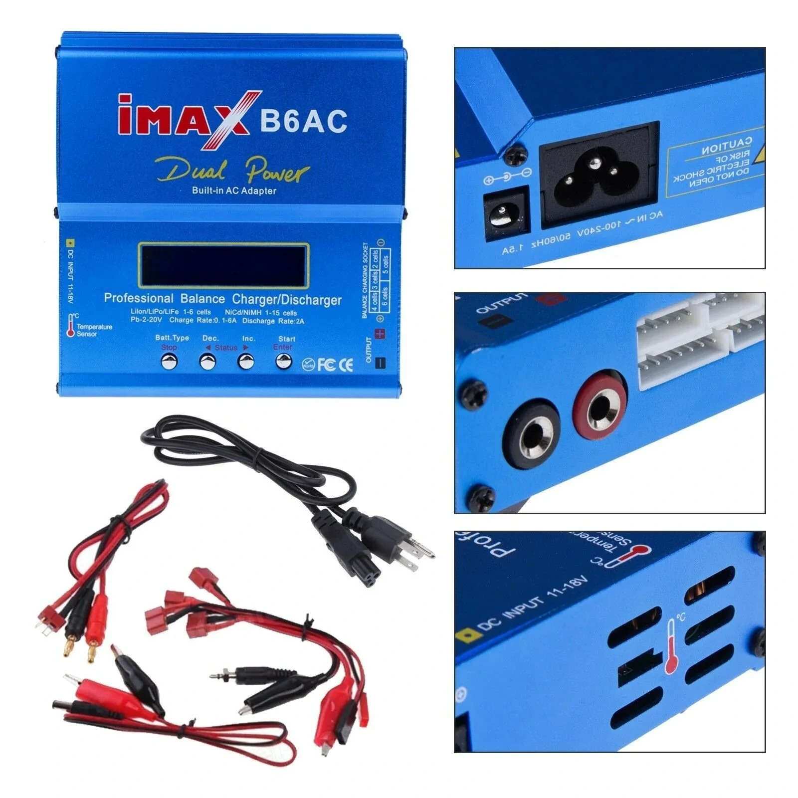 Chargeur intelligent pour batteries RC LiPo LiFe NiMH 80W 5A avec équilibreur, posé sur une table avec plusieurs batteries à côté.