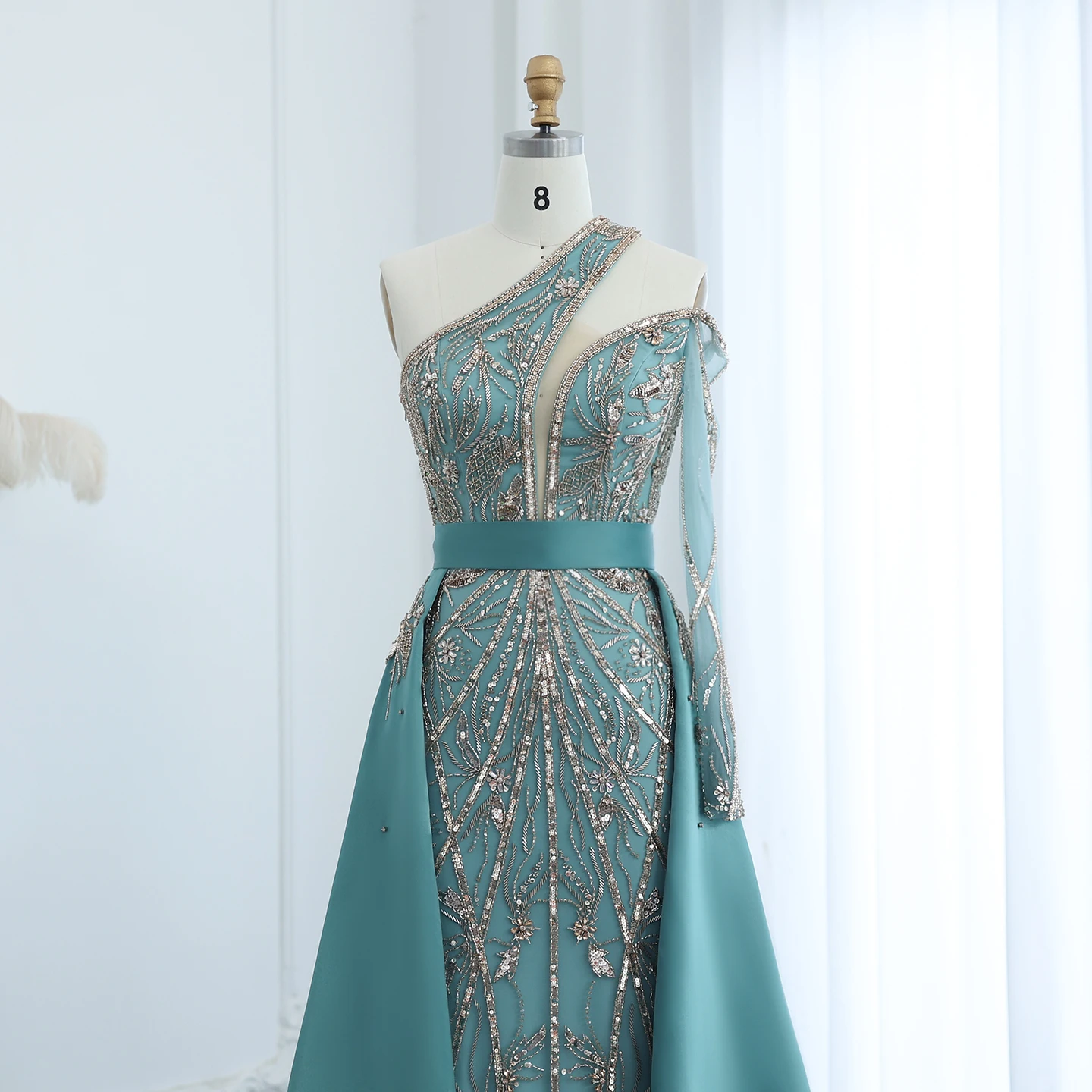 open lace back dress Amarra 88815 Size 6 Turquoise Fitted One Shoulder Sequin Embellished Slit Train Prom Dress