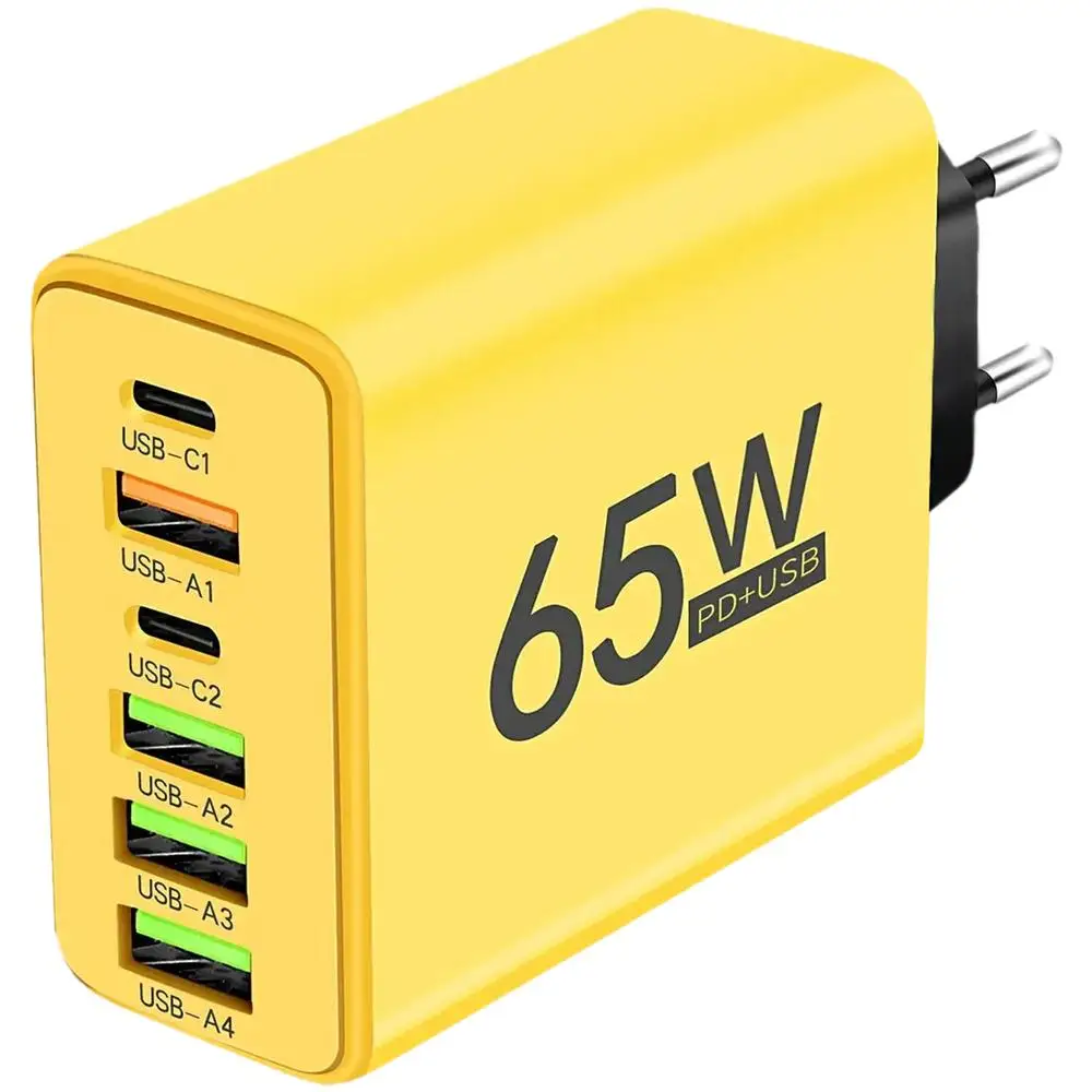 Cargador USB, MXNXY-001, 1 Pza, 6 Puertos USB 5V 3A, Max 65W, EU, Amarillo, Adaptadores de Carga Universales