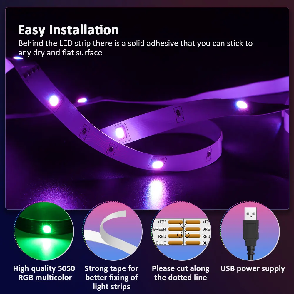 ColorRGB 5050 Led Strip Light Bluetooth App 5V USB Led Tape nastro flessibile a diodi a nastro per retroilluminazione TV 16 colori millon