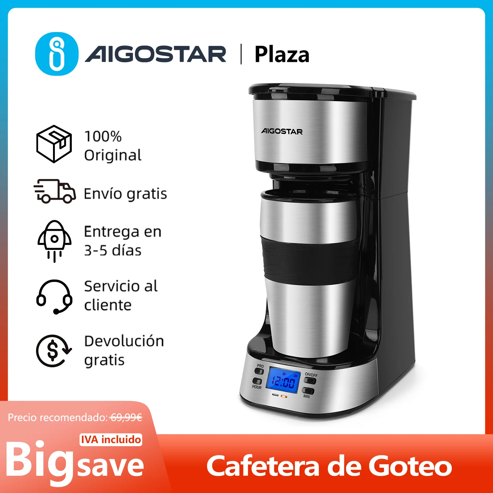 Cafetera de Goteo con Cafetera de Viaje y Taza Térmica, Temporizador 24H, 420ml, 14 oz, Pantalla LCD, Filtro Reutilizable, 700W