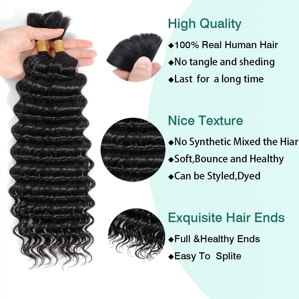 Boho Braids Human Hair Bulk Braiding Hair Deep Wave 100% Human Hair Unprocessed Remy Bulk Hair No Weft Bundle Hair For Braiding