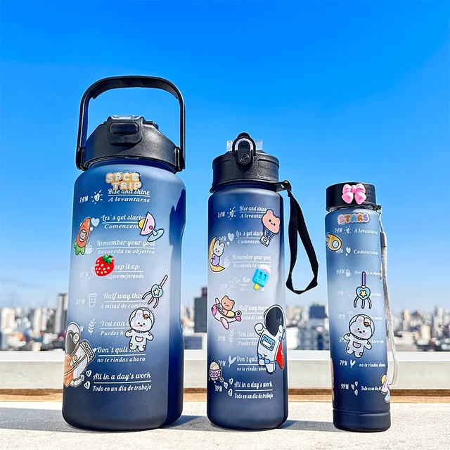 Kit 3 Water Bottle 2L 900ml 300ml With Motivational Stickers Cell Door Academy Random Color 3