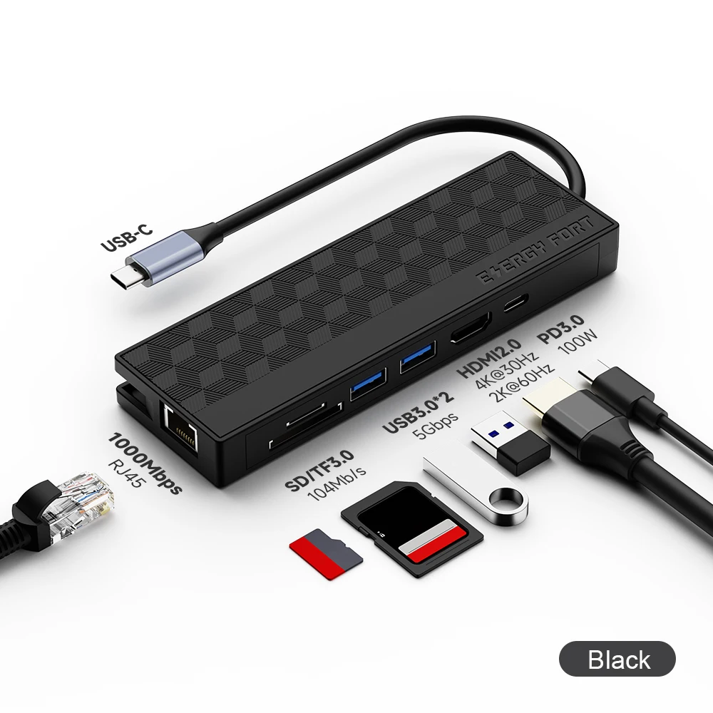

USB-концентратор 7 в 1, 4K, Тип C, HDMI 2,0, RJ45, 1000 Мбит/с