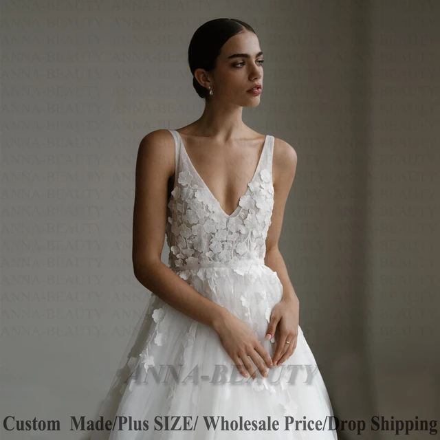 Anna modern tulle a line wedding dress for brides v neck appliques sleeveless backless sweep train