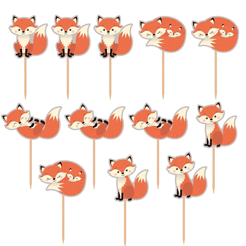 

12pcs Fox Cake Toppers for Kids Fox Birthday Decorations Woodland Baby Shower Party Supplies