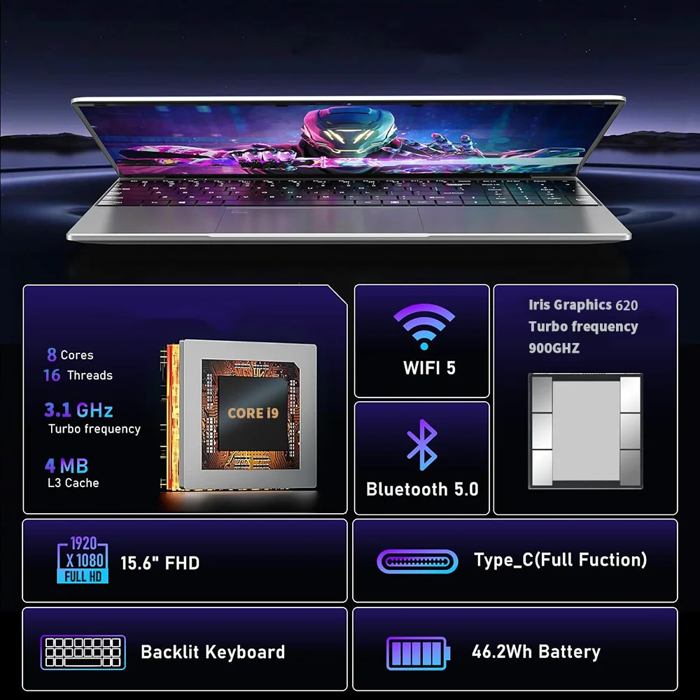 Fingerprint Unlock 15.6" Intel Core i9 10980HK Computer Windows 11 Pro 16GB DDR4 1TB SSD Notebook PC Portable Laptops Gaming - immagine 3