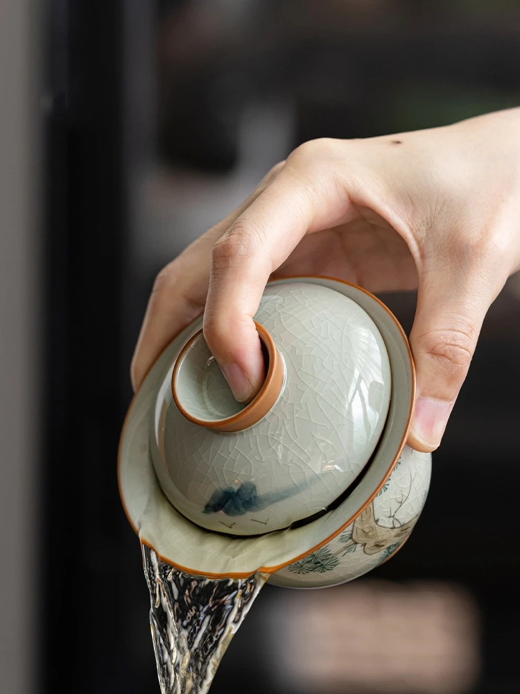 Hand Painted Pine Antique Ceramic Opening Gaiwan Tea Tureen Teaware Set Chinese Tea Bowl Chawan Cup