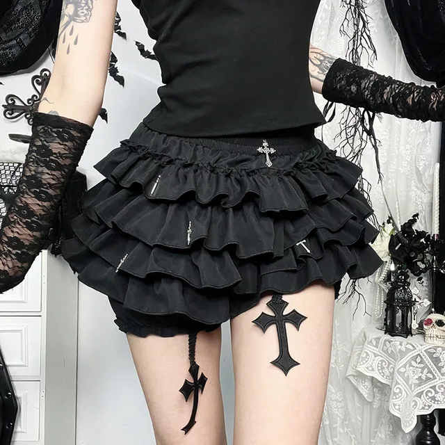 Women Harajuku Kawaii Y2K E-girl Skirts Cross Pendant Culottes Aesthetic Fairycore Short Dress Vintage Gothic Punk Cake Shorts
