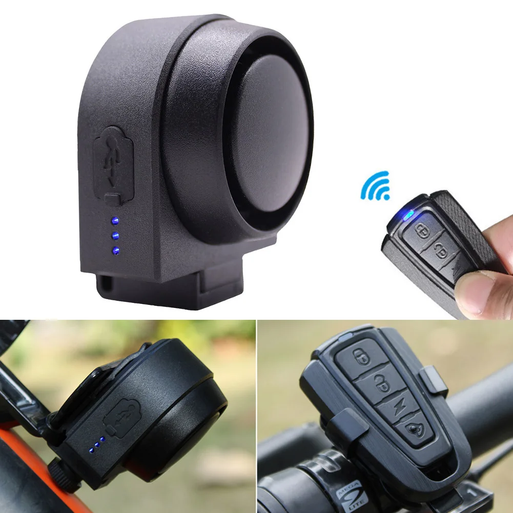 Alarme Anti-Theft bicicleta sem fio com buzina remoto, alto alarme ativado por vibração, campainha de bicicleta, alarme contra roubo, USB recarregável, 115dB
