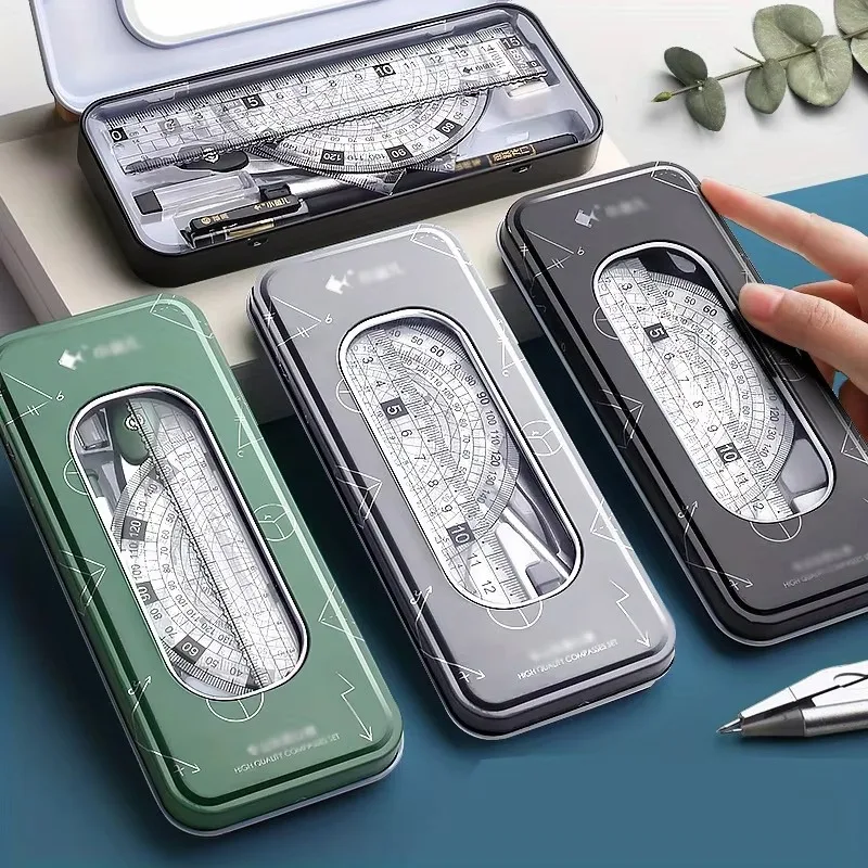 Exquisite 8in 1 Ruler Stationery Set Aluminum Alloy Compasses Multifunctional Combination Ruler Triangle Protractor Drawing Gift