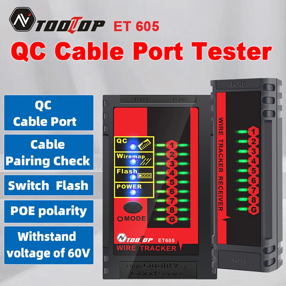 TOOLTOP ET605 Network Cable Tester RJ45/RJ11 Cable Port Test POE LAN Break Circuit Analyze Tracing Line Maintenance Tool