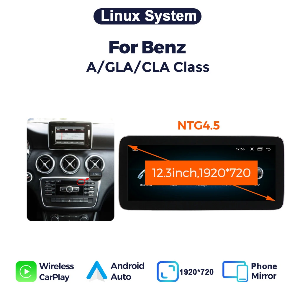 MEKEDE EU Stock Pantalla Multimedia Inalámbrica de 10.25"/12.3" con Linux, Carplay y Android Auto para Mercedes-Benz Clase A, CLA, GLA W176 W117 X156 2013 2014 2015 - 2019 NTG4.5 NTG5.0, Resolución 1920*720, Compatible con Bluetooth, Cámara Trasera AHD, Mirror Link, Mantiene el Sistema Original del Coche 1