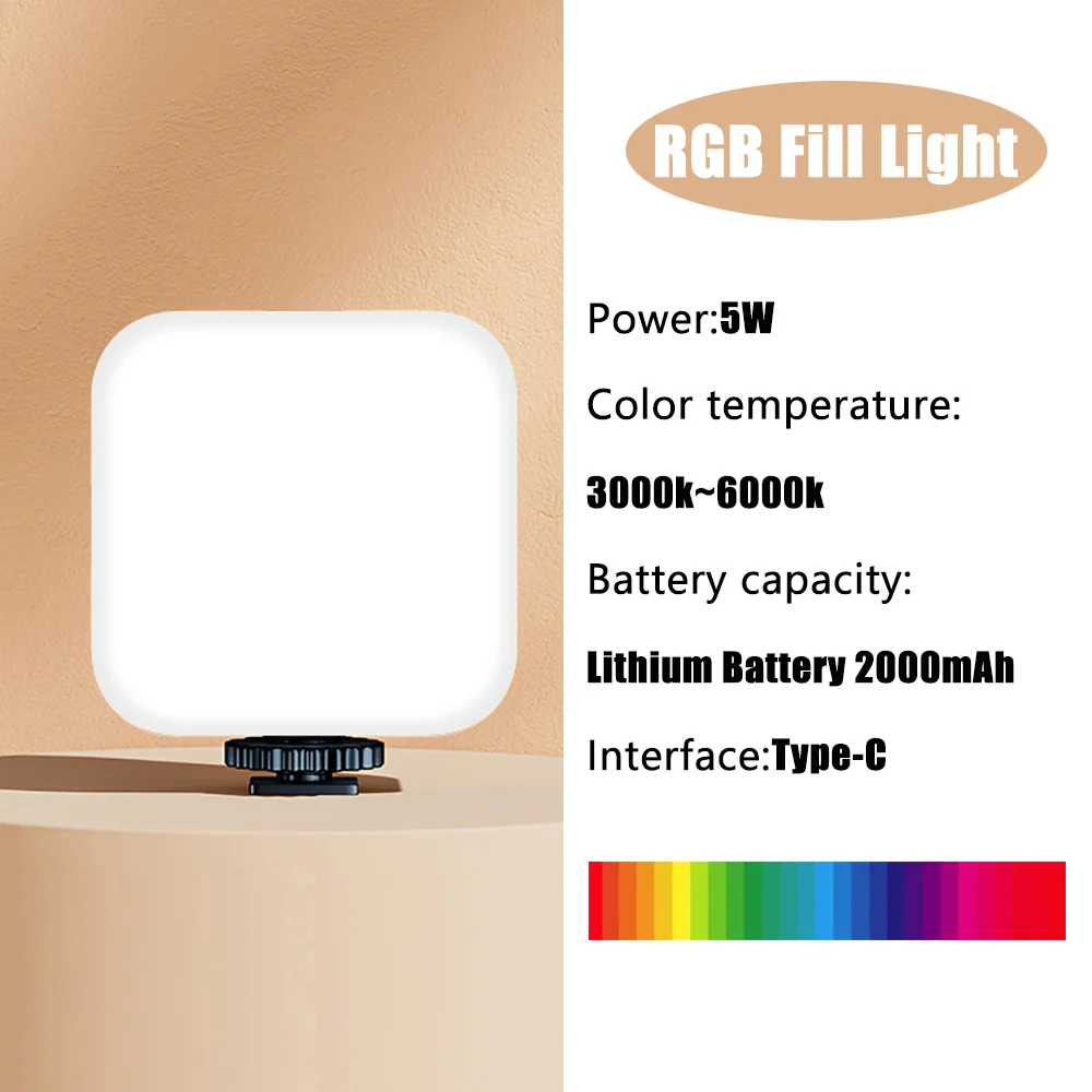 Fill Light Minifocus Full Color RGB LED Video Light 2500K-7000K 800LUX Mini Fill 3 Cold Shoe 1800mAh Type-C Pocket Camera Hot Shoe Light