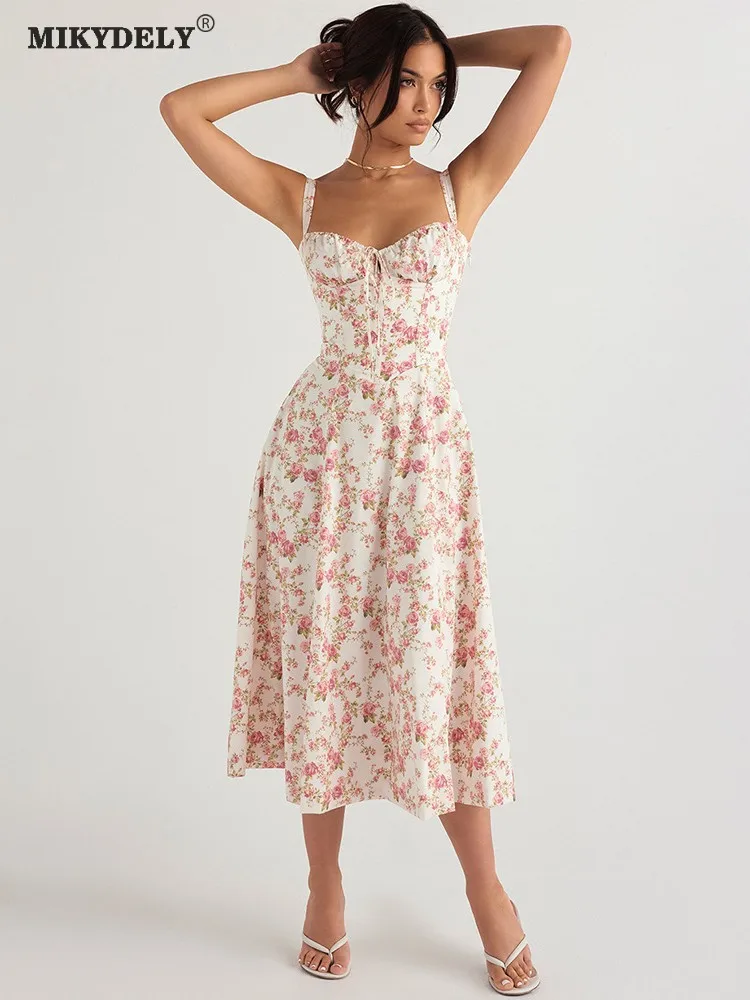 

Mikydely Women's sexy backless slim suspender dress holiday wind floral slit mid-length skirt